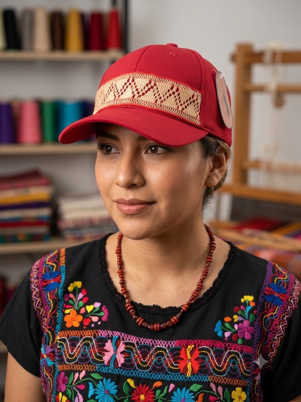 Red Baseball Cap with Beige Woven Band - Women's Hat From Oaxaca